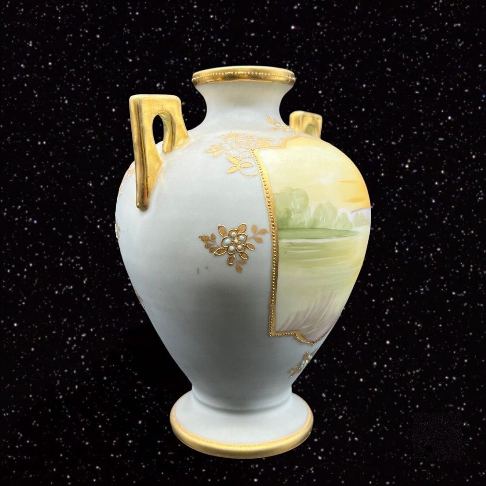 Antique‎ Porcelain Nippon Moriage Vase Golden Hand Painted Double Handled Boat - Picture 2 of 8